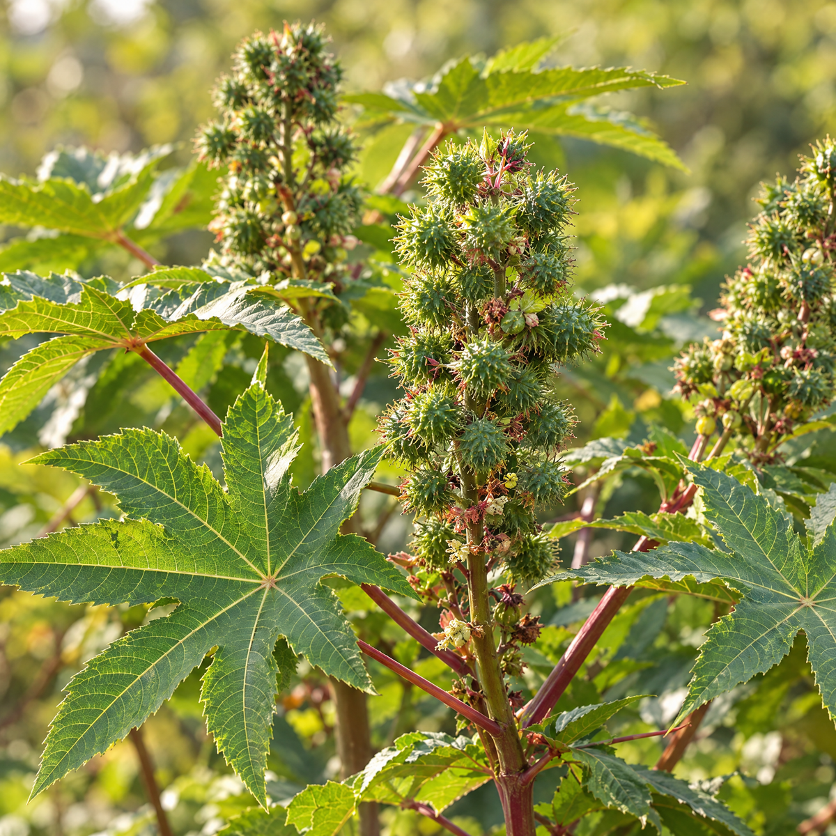 Ricinus communis met handvormige bladeren en groene vruchtclusters