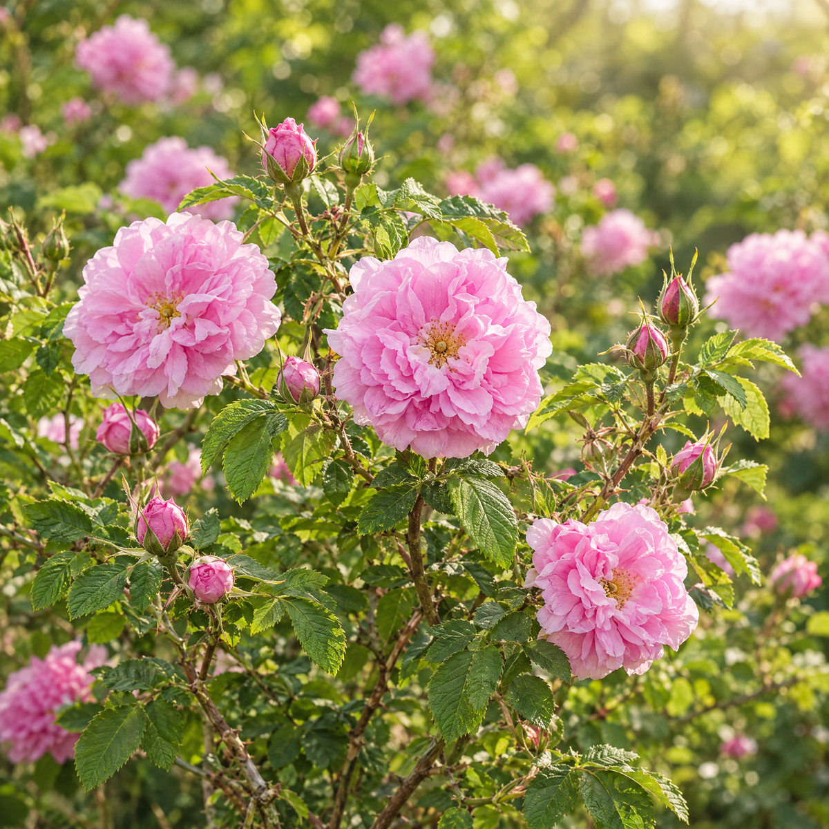 Rosa damascena met roze bloemen en knoppen aan een levende struik