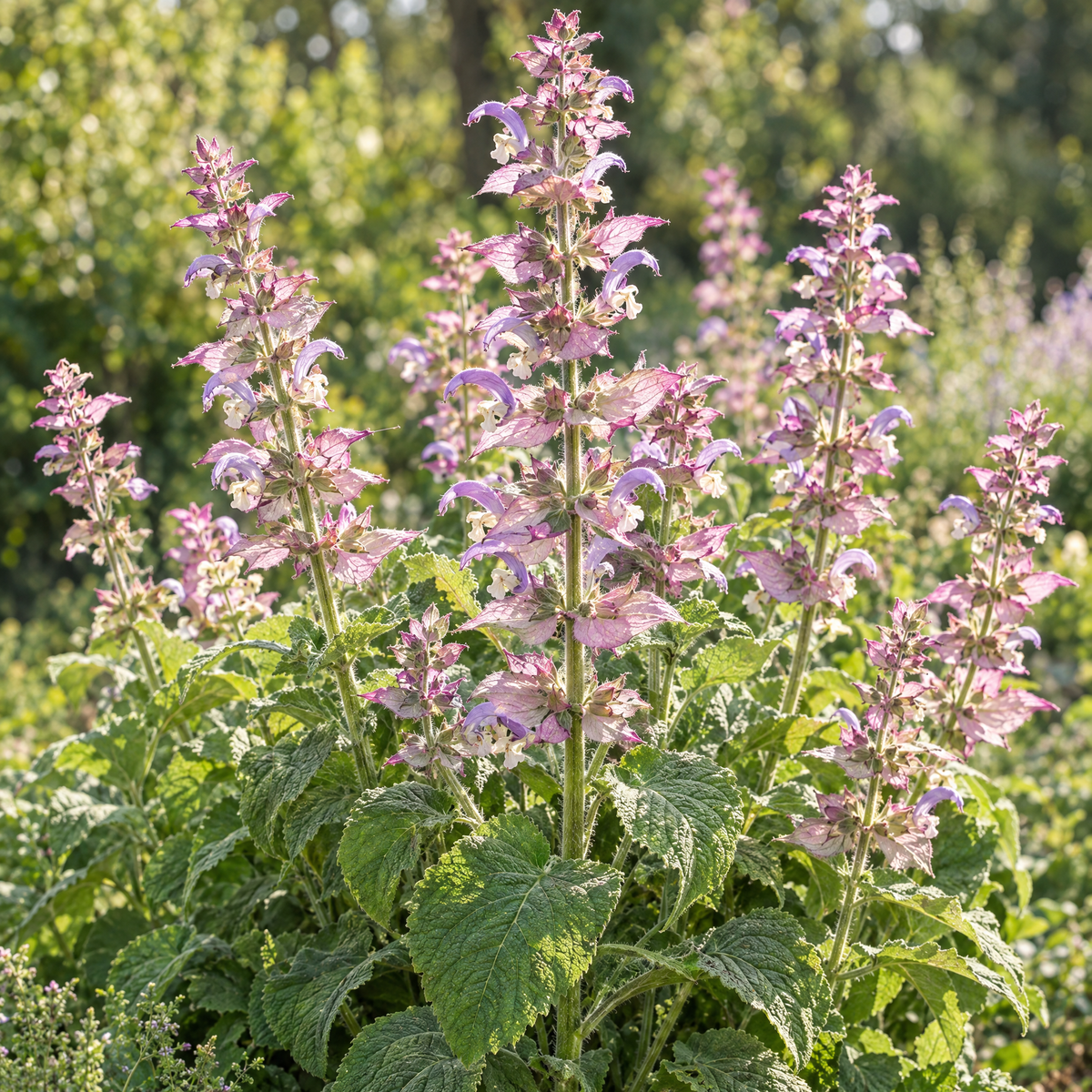 Salvia sclarea, scharlei, met lichtpaarse bloemen en groene bladeren
